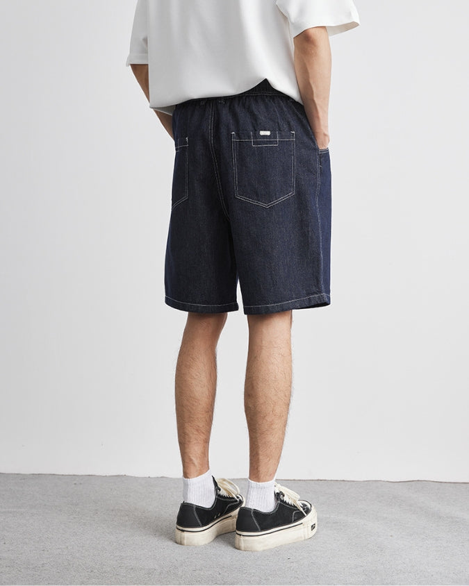 Dark Indigo Wash Denim Shorts with Drawstrings