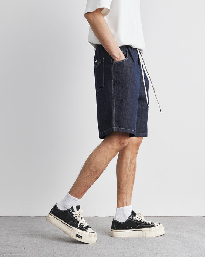 Dark Indigo Wash Denim Shorts with Drawstrings