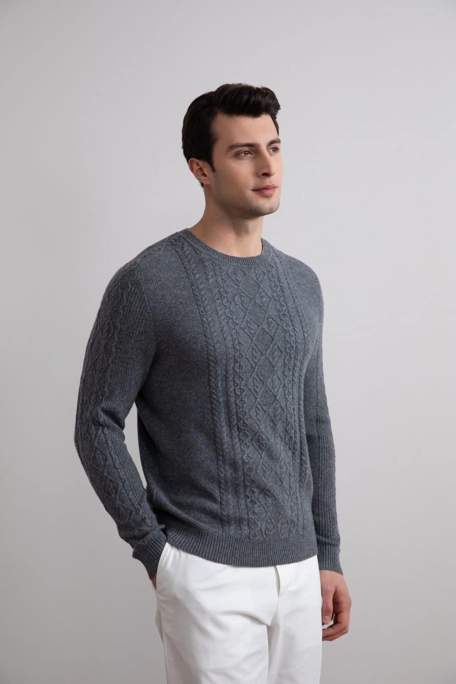 Dark Grey Mélange Cashmere Cable Knit Crewneck