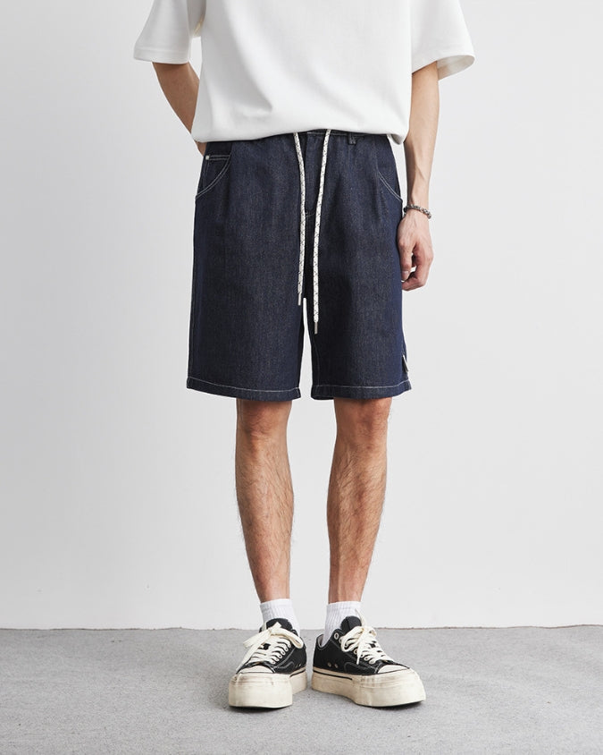 Dark Indigo Wash Denim Shorts with Drawstrings