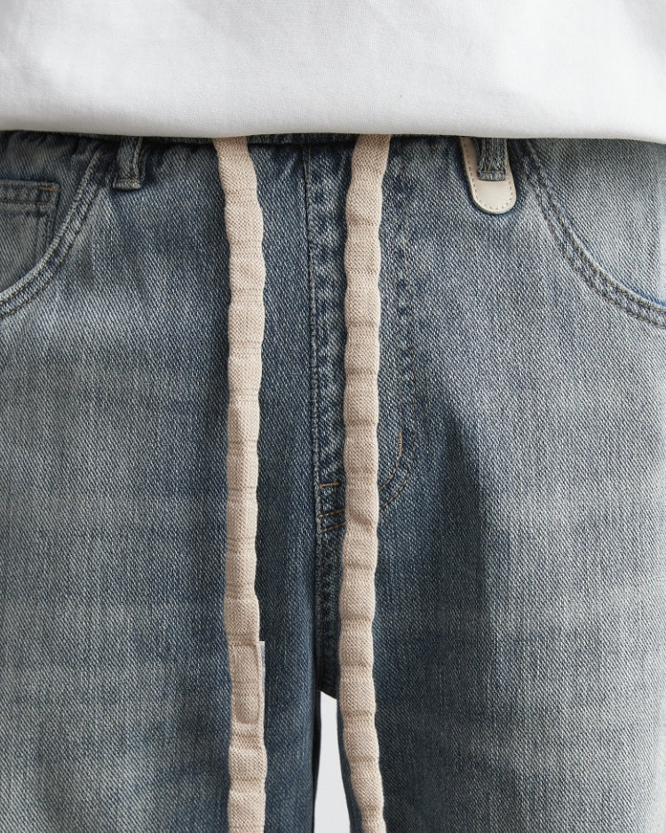 Faded Big Laces Drawstring Straight Jeans
