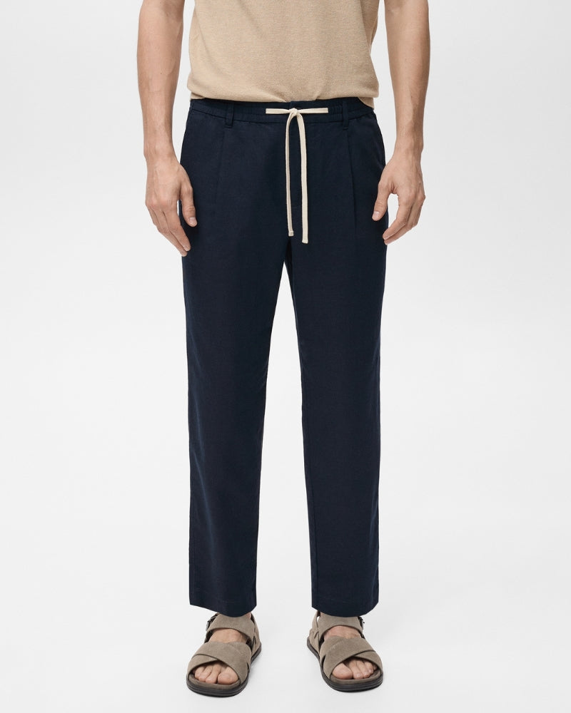 Cotton and linen blend trousers with drawstrings - navy