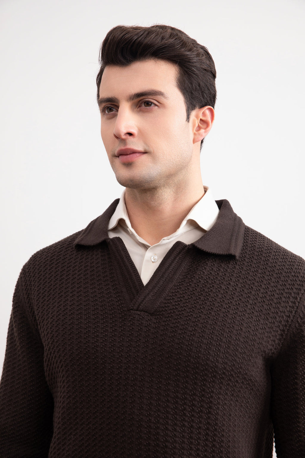 Dark Brown Textured Open Polo Sweater