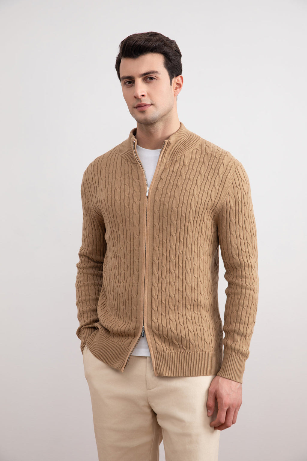 Tan Cable Knit full-zip Sweater