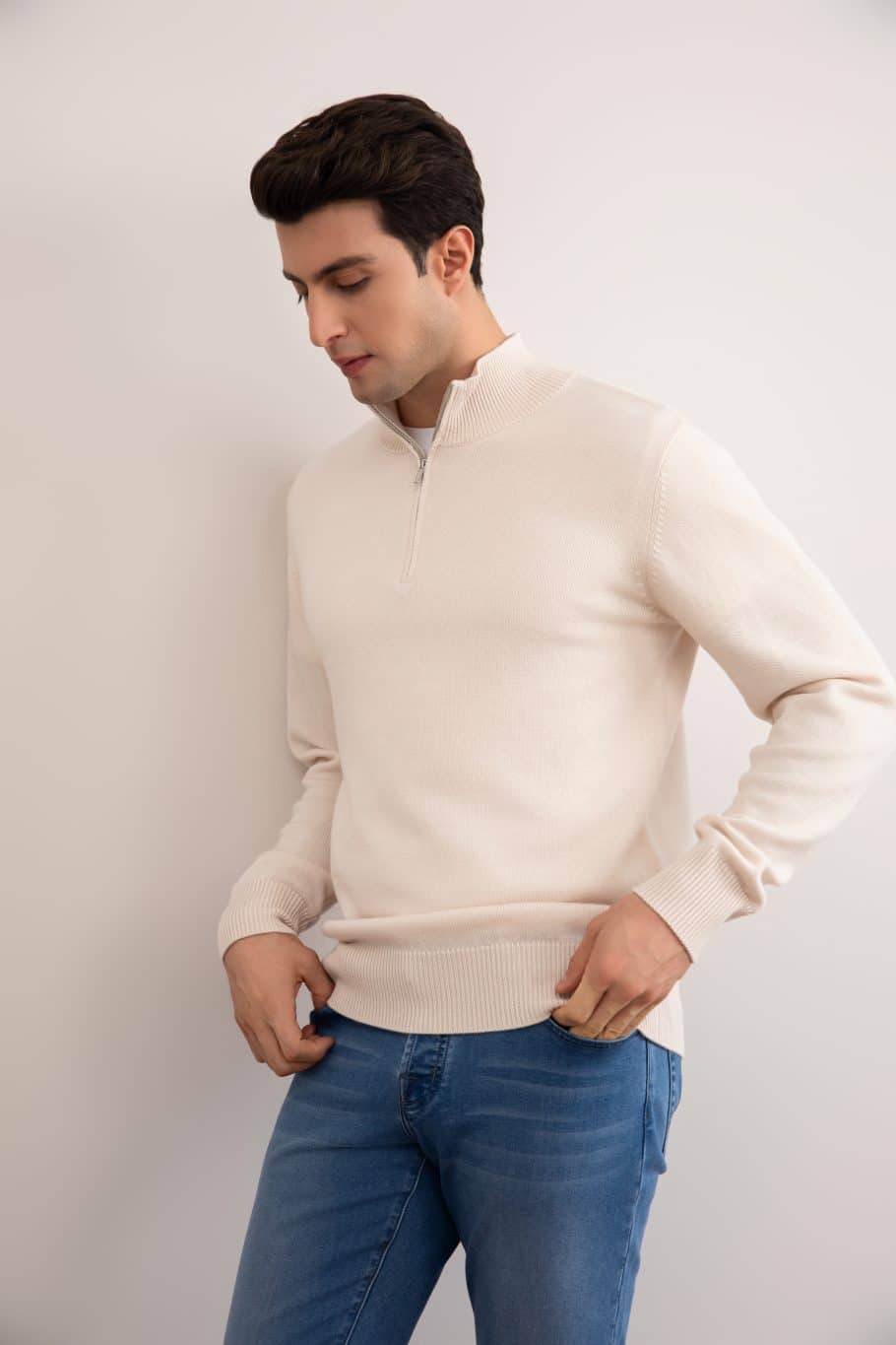 Beige Merino Wool Half-Zip Sweater