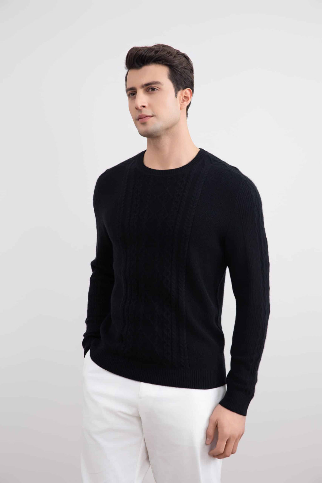 Black Cashmere Cable Knit Crewneck