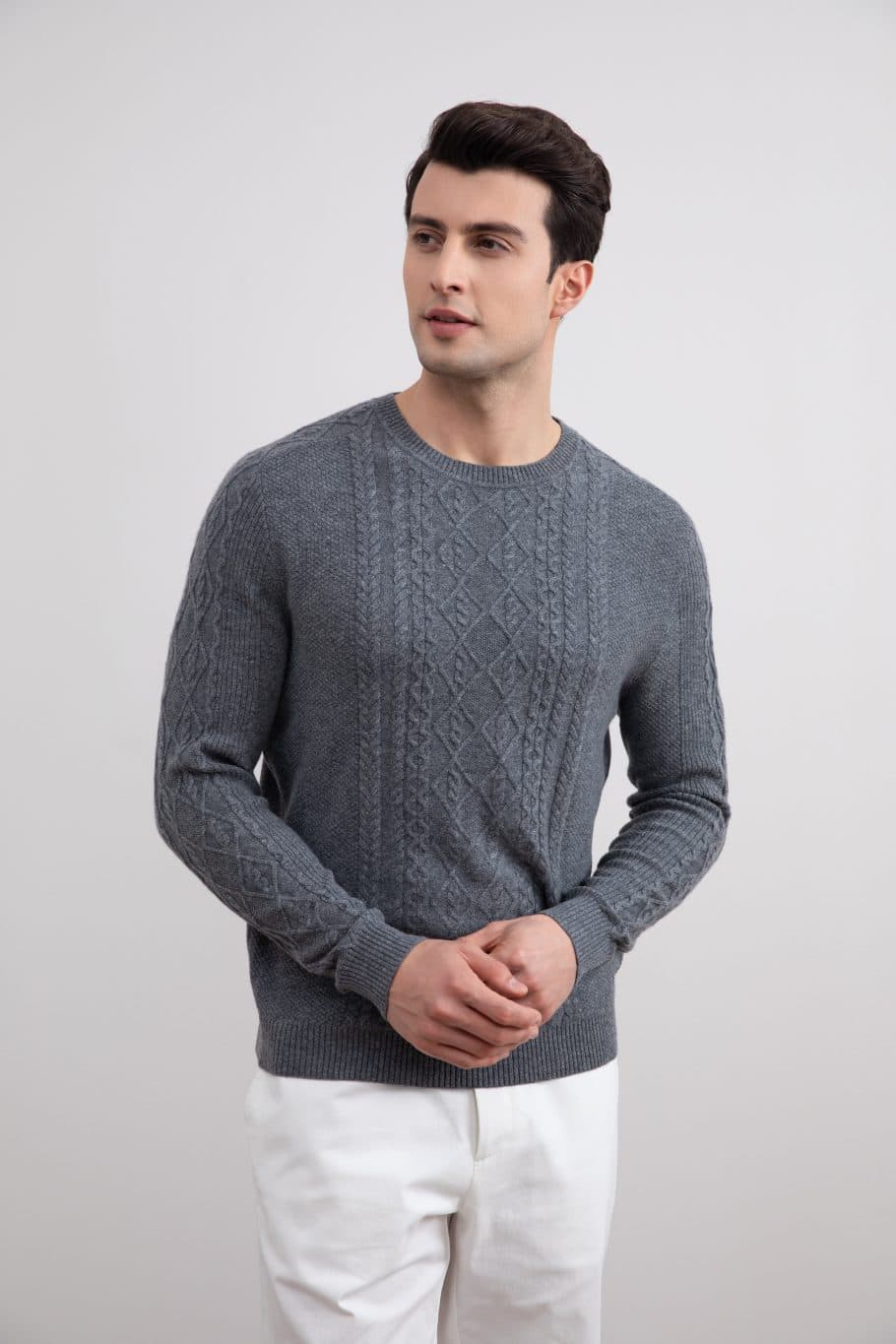 Dark Grey Mélange Cashmere Cable Knit Crewneck