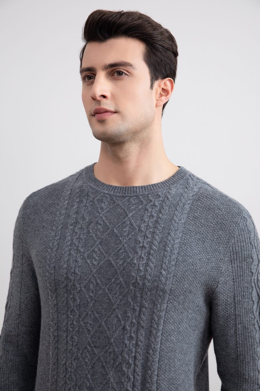 Dark Grey Mélange Cashmere Cable Knit Crewneck