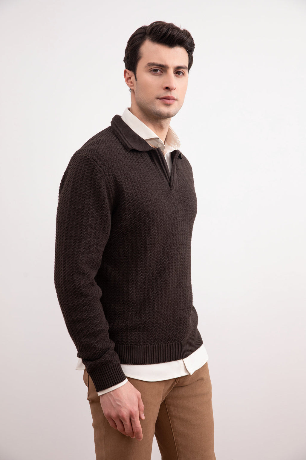 Dark Brown Textured Open Polo Sweater