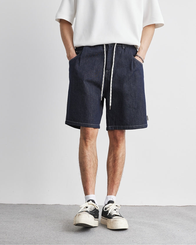 Dark Indigo Wash Denim Shorts with Drawstrings