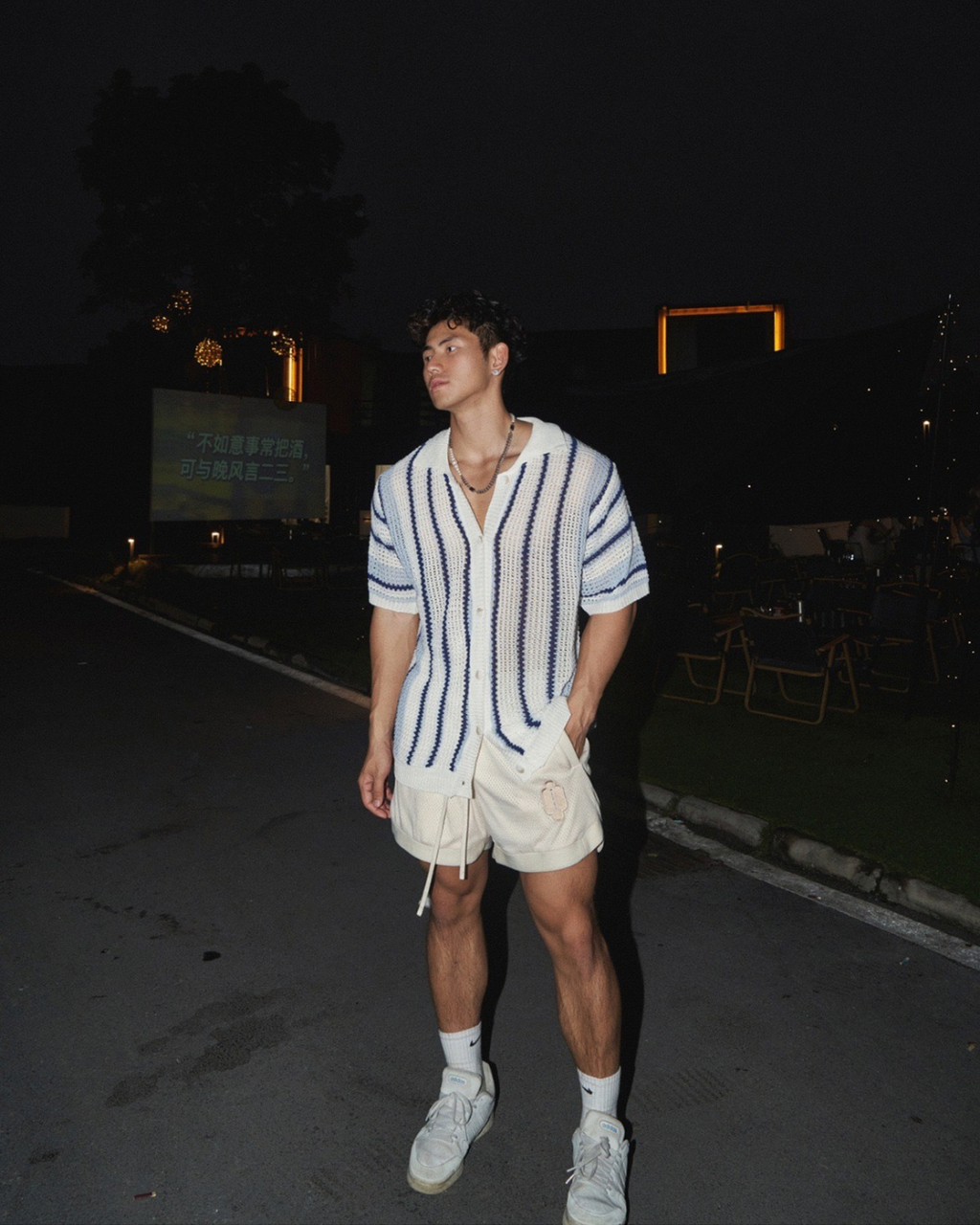 Open‑Knit Striped Button‑Up Shirt